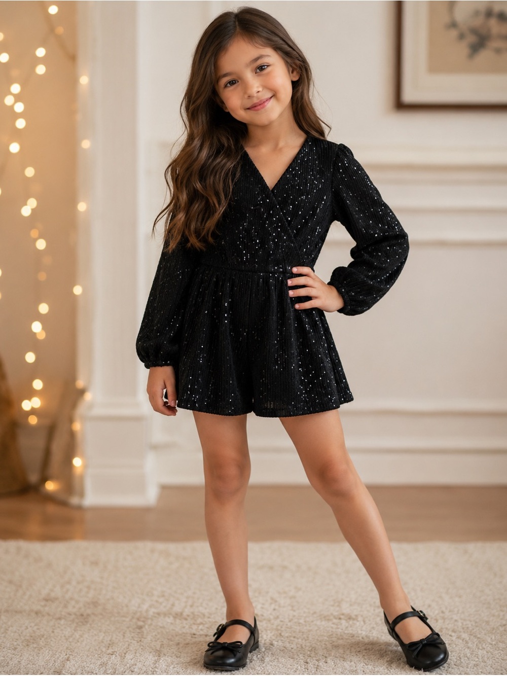 Black Sequin Long-Sleeve Wrap Romper Dress